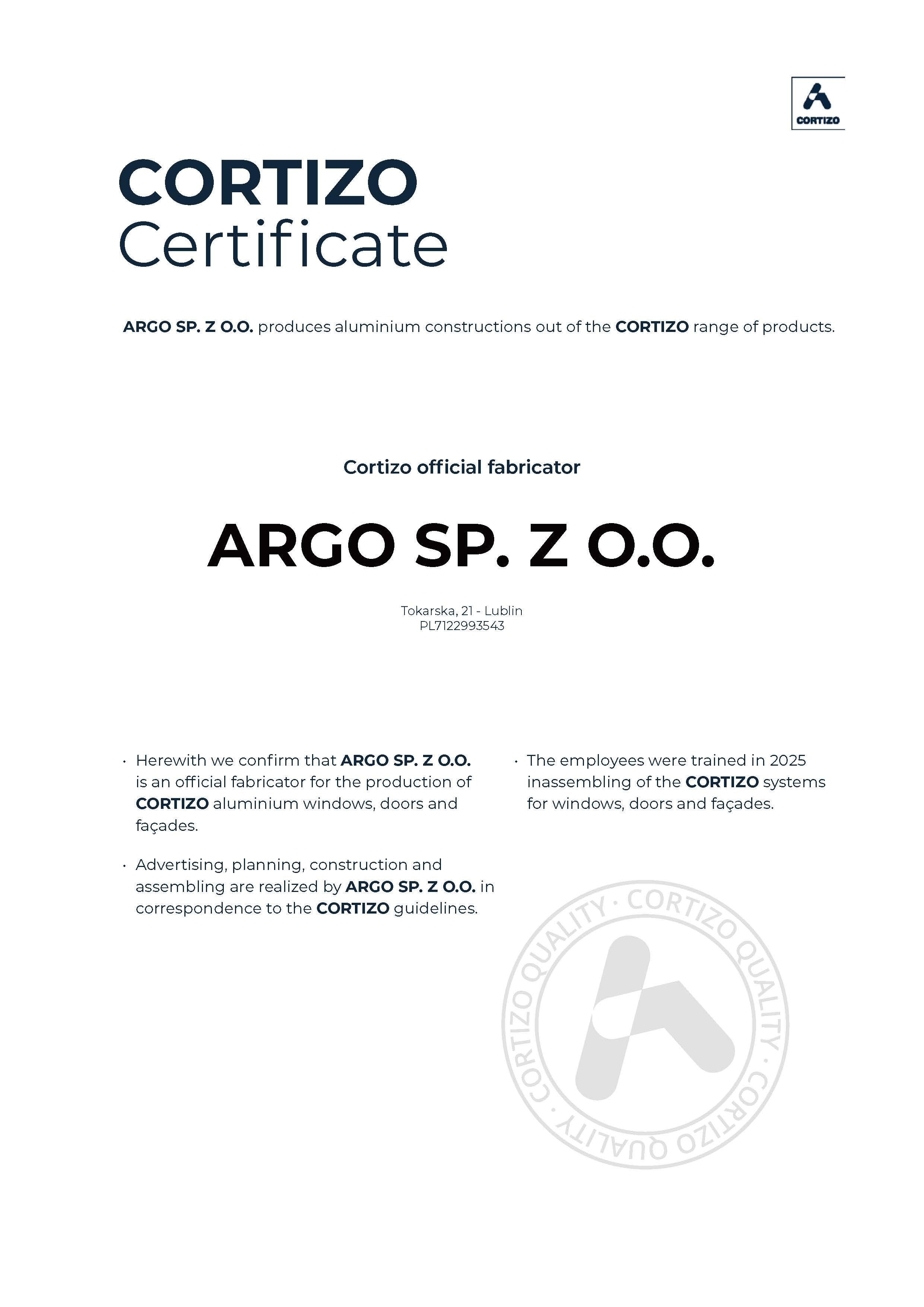 Certificate CORTIZO